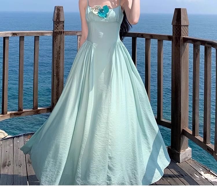 Strap A-Line Dress Accent Spaghetti Maxi Floral