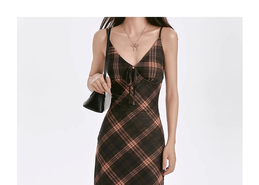 Dress Sheath Maxi Plaid Spaghetti Strap V-Neck