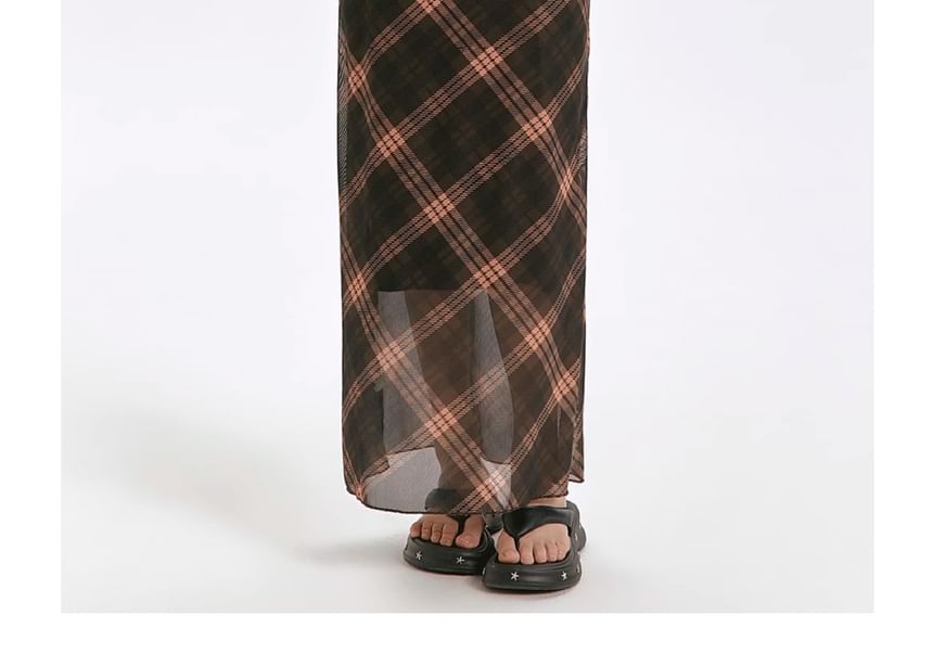 Dress Sheath Maxi Plaid Spaghetti Strap V-Neck
