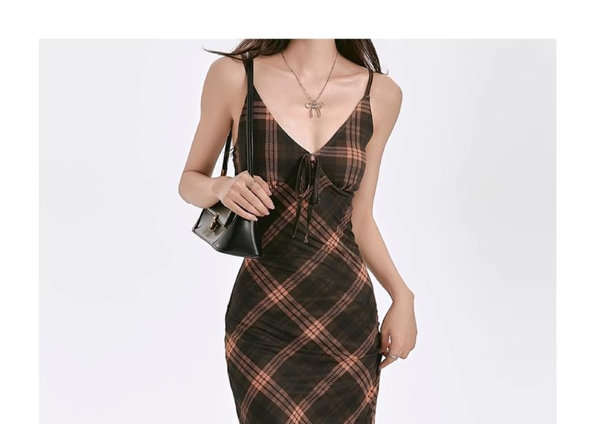 Dress Sheath Maxi Plaid Spaghetti Strap V-Neck