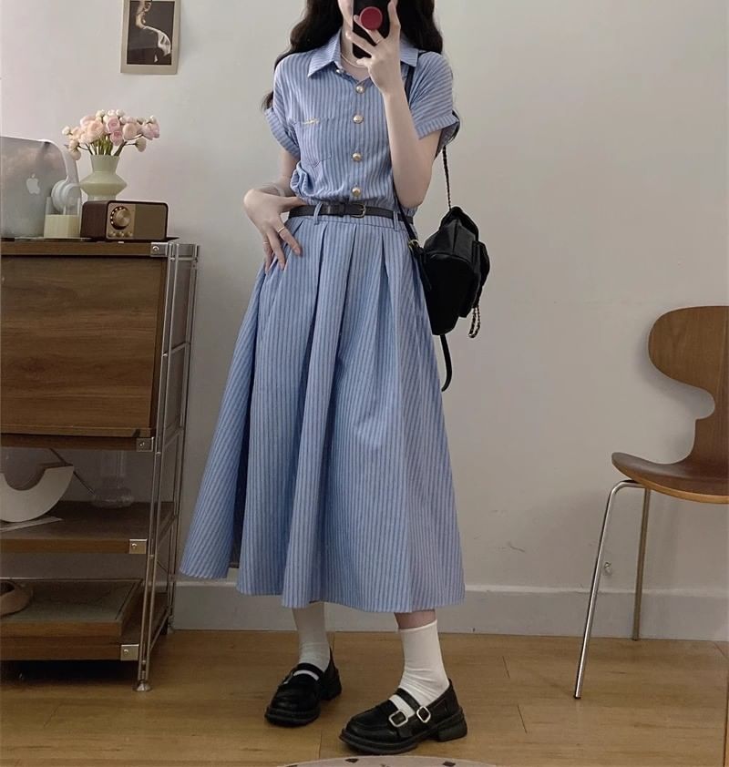 Maxi Striped A-Line Shirt Short-Sleeve Dress