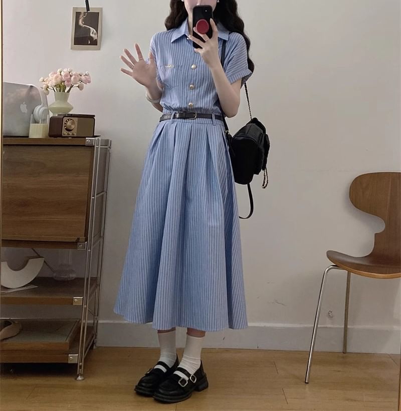Maxi Striped A-Line Shirt Short-Sleeve Dress