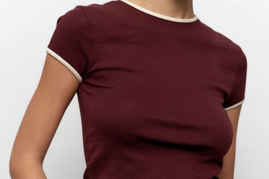 Crop Tee Trim Slim Neck Contrast Crew Fit Short-Sleeve