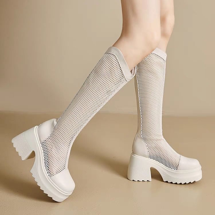 Boots Platform Mesh Plain Heel Block Tall