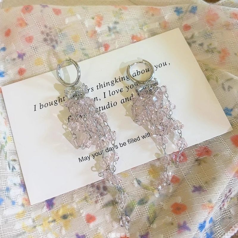 Bow Huggie Drop Rhinestone Fringed Earring