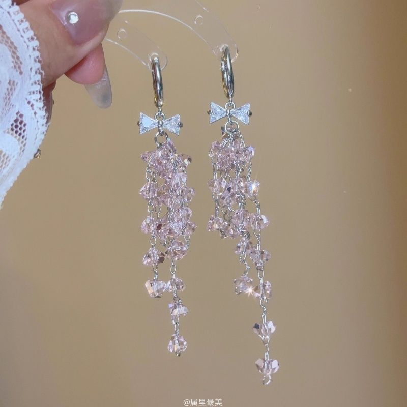 Bow Huggie Drop Rhinestone Fringed Earring