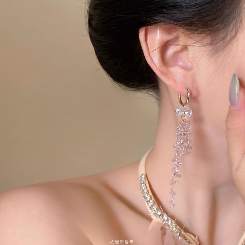 Bow Huggie Drop Rhinestone Fringed Earring