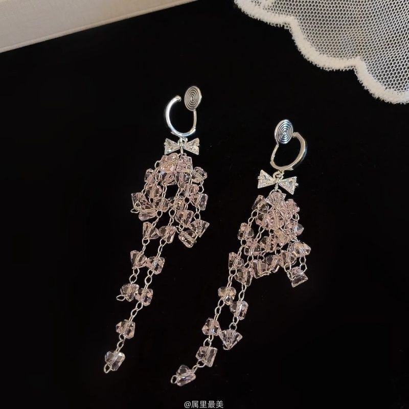 Bow Huggie Drop Rhinestone Fringed Earring