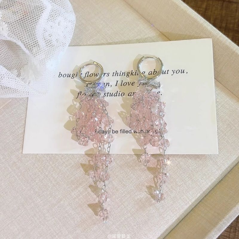 Bow Huggie Drop Rhinestone Fringed Earring