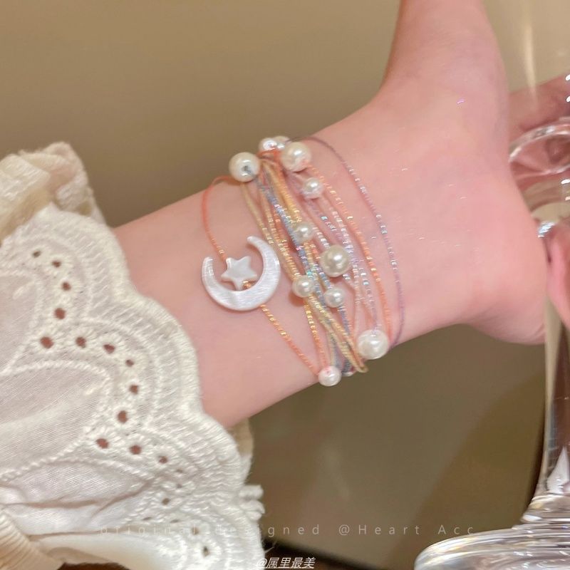 String Faux Bracelet Layered Pearl Moon