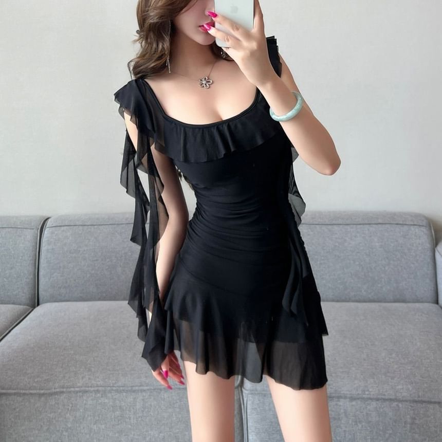 Sleeve Butterfly Ruffle Mini Neckline Dress