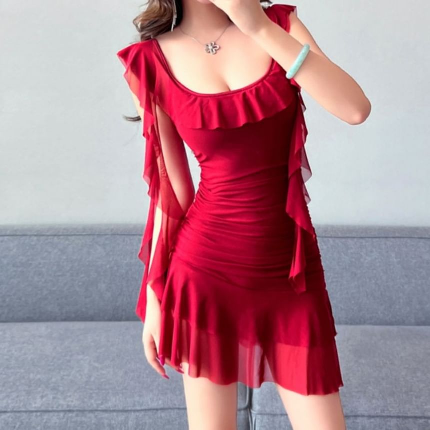 Sleeve Butterfly Ruffle Mini Neckline Dress