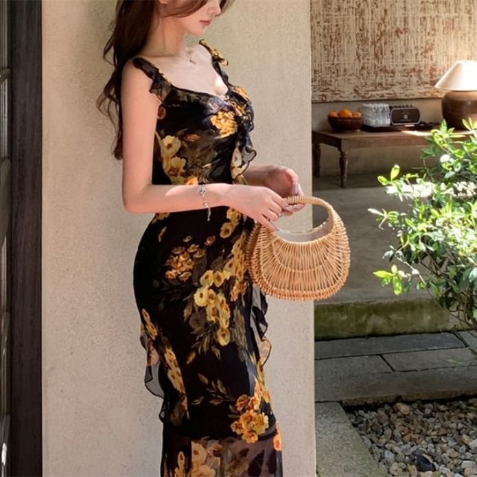 Print Dress Maxi Neck Floral Sleeveless Sweetheart