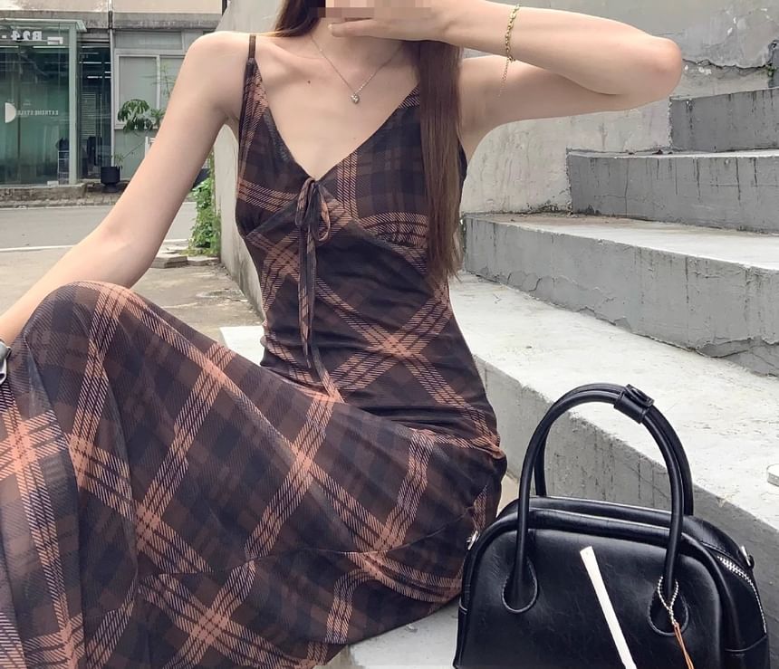 Dress Plaid Sleeveless V-Neck Maxi Print