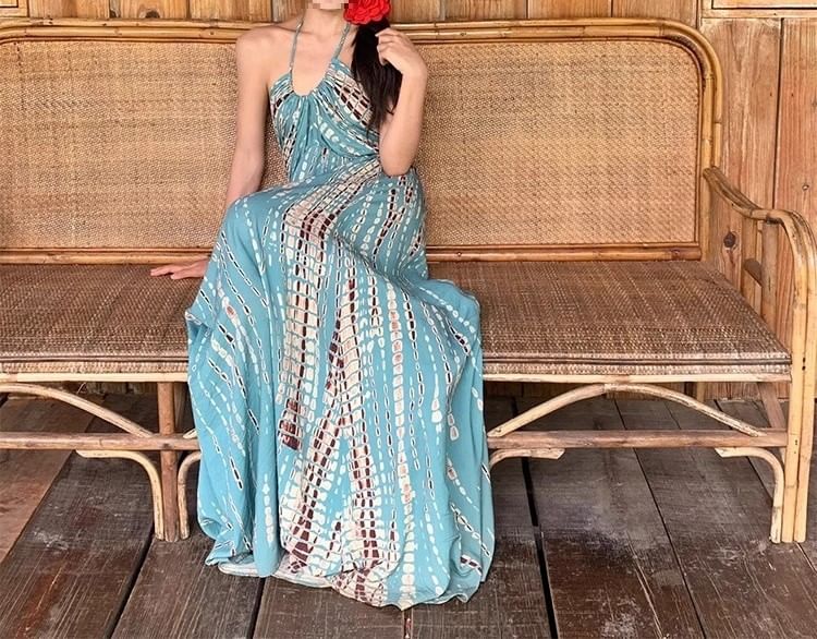 Sleeveless Halter Maxi Printed Dress Neck