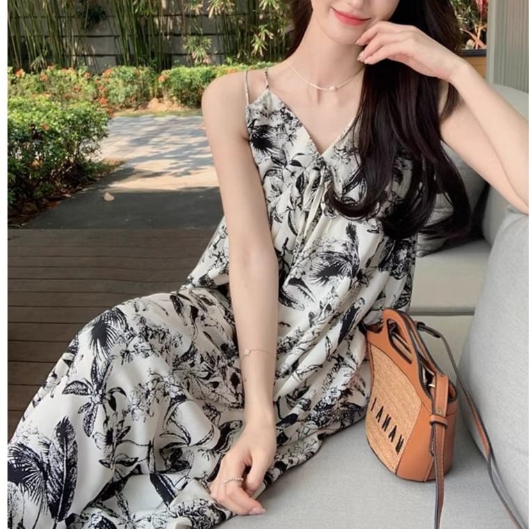 Print Spaghetti Dress Strap V-Neck Floral Maxi