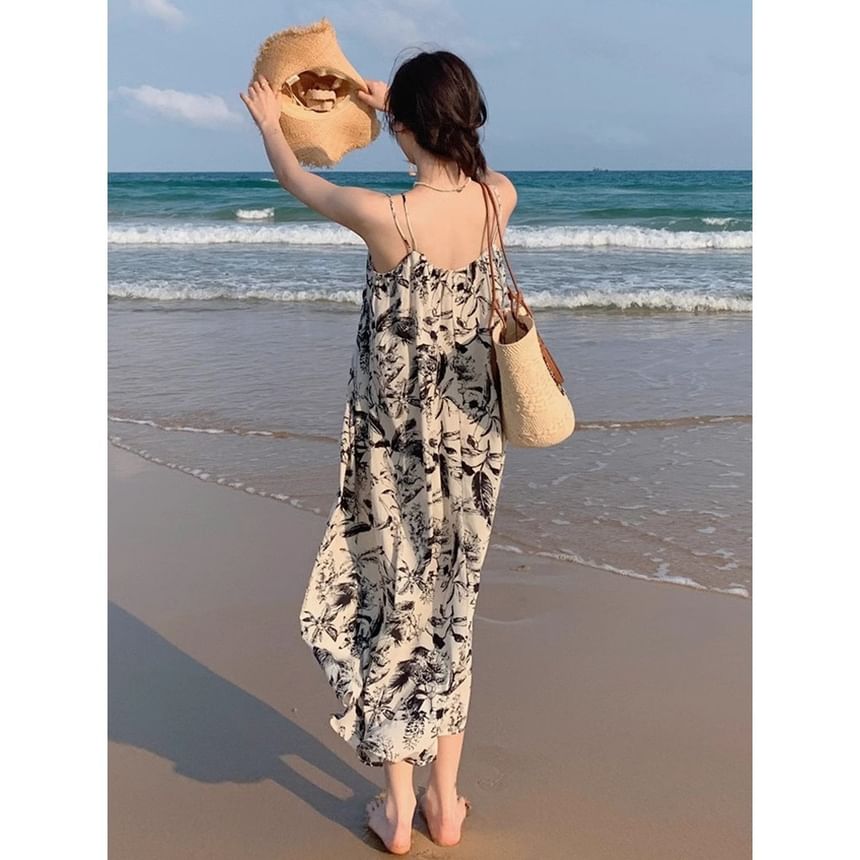 Print Spaghetti Dress Strap V-Neck Floral Maxi