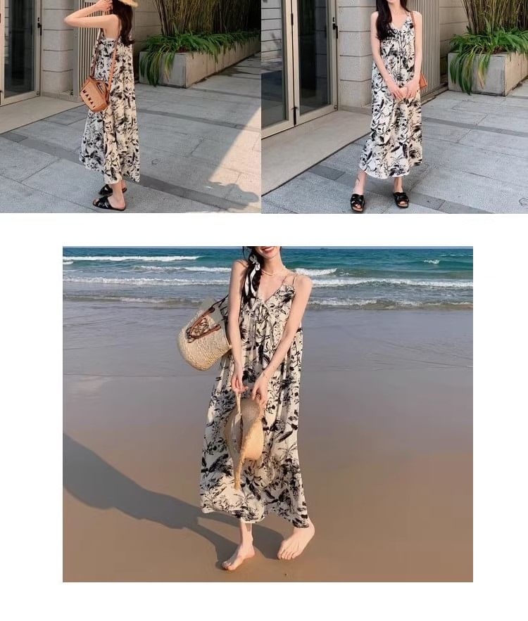 Print Spaghetti Dress Strap V-Neck Floral Maxi