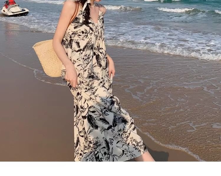 Print Spaghetti Dress Strap V-Neck Floral Maxi