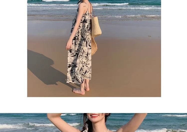 Print Spaghetti Dress Strap V-Neck Floral Maxi