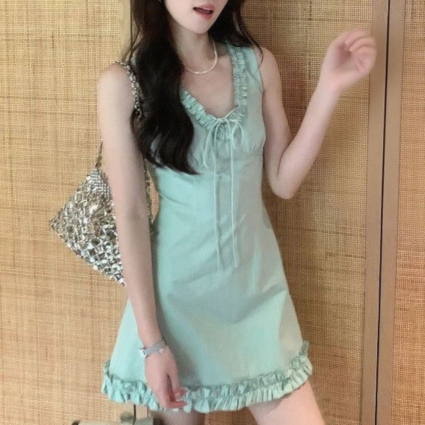 Dress Mini Sleeveless V-neck Trim Ruffle