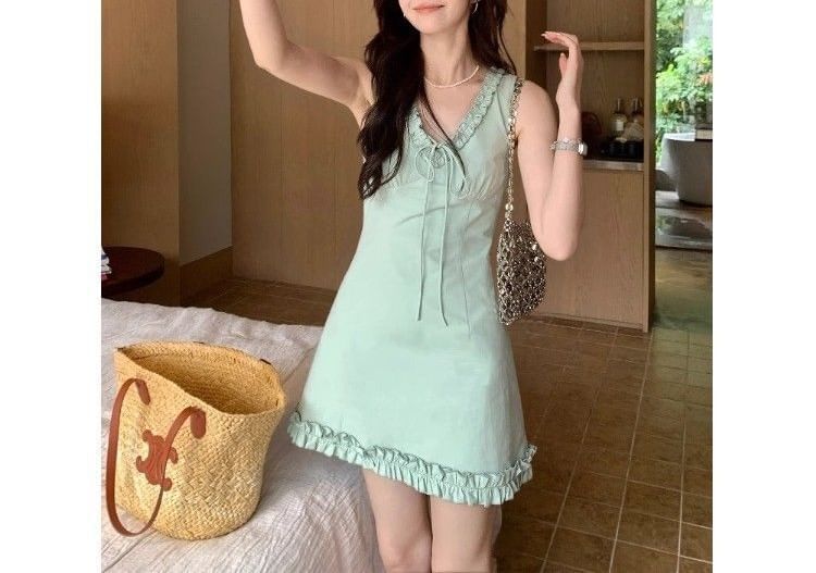 Dress Mini Sleeveless V-neck Trim Ruffle