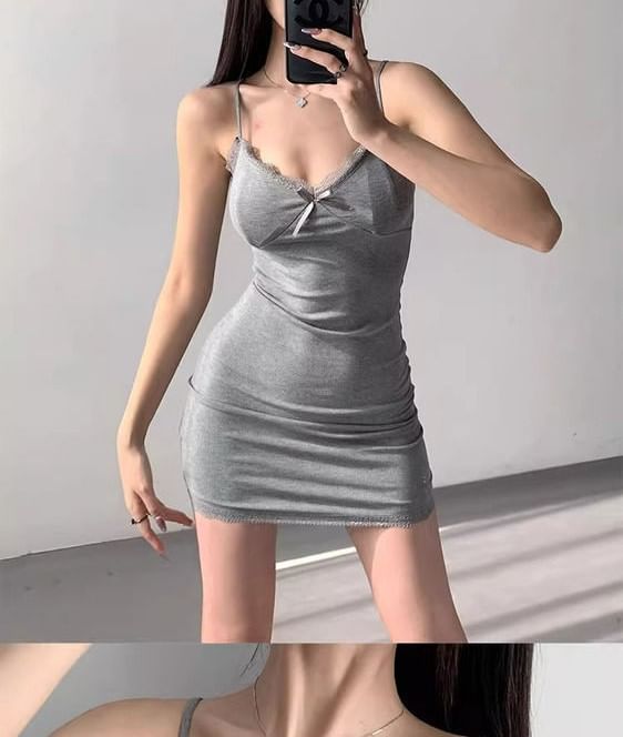 Spaghetti Strap Dress V-Neck Mini Trim Bodycon Lace Plain
