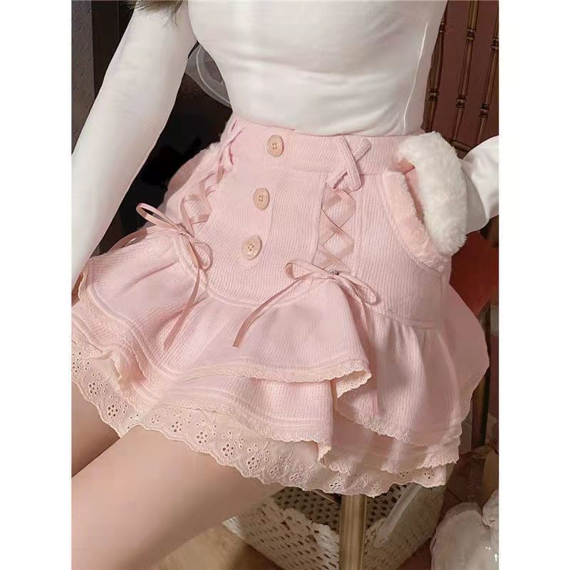 Knit Skirt Lace Mini Tiered Waist High Trim
