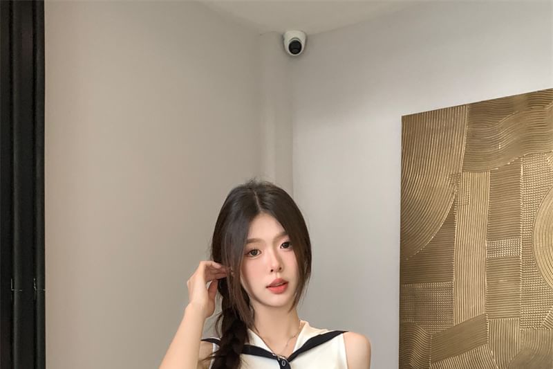 Collar Top Button-Up Sailor Sleeveless Knit