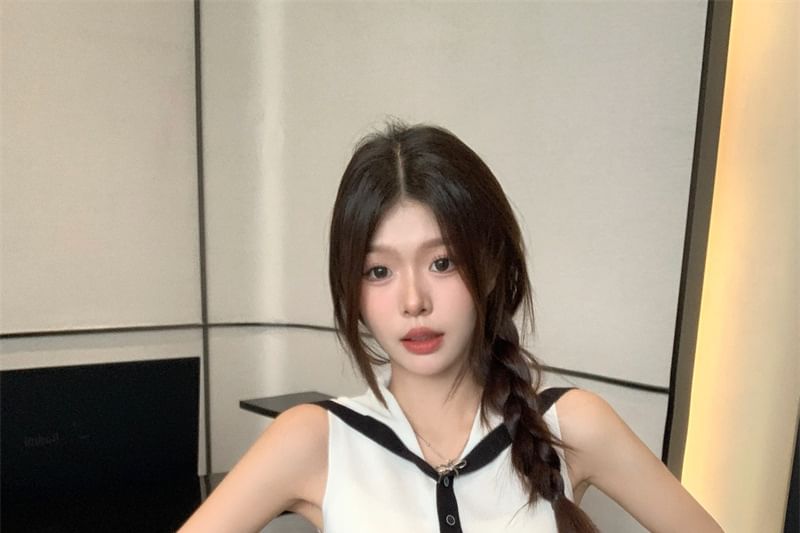 Collar Top Button-Up Sailor Sleeveless Knit