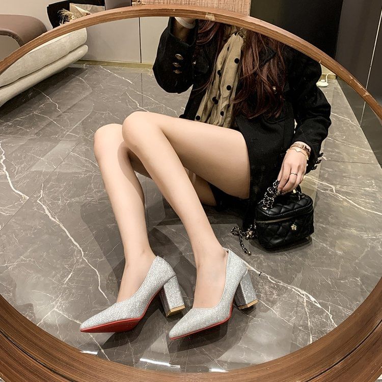 Heel Glitter Block Toe Pointed Pumps
