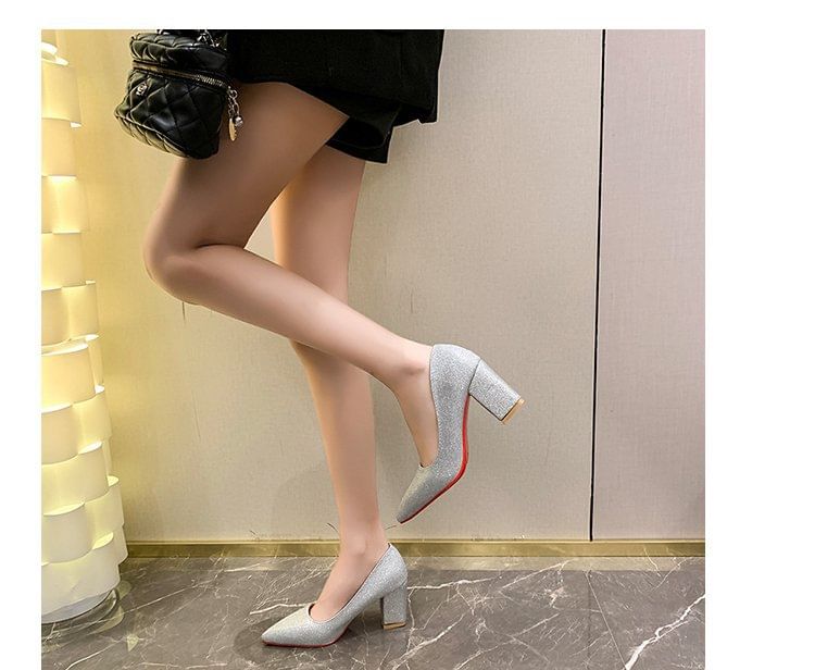 Heel Glitter Block Toe Pointed Pumps
