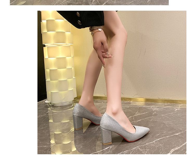 Heel Glitter Block Toe Pointed Pumps