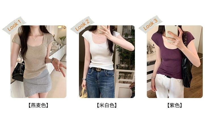 Top Cap-Sleeve Neck Plain Scoop Knit