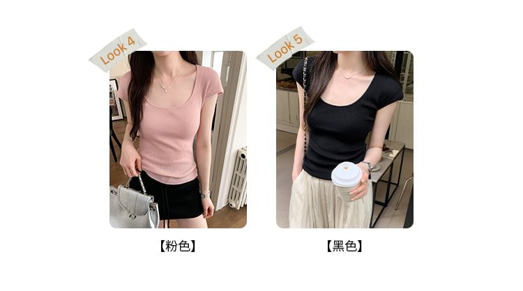 Top Cap-Sleeve Neck Plain Scoop Knit