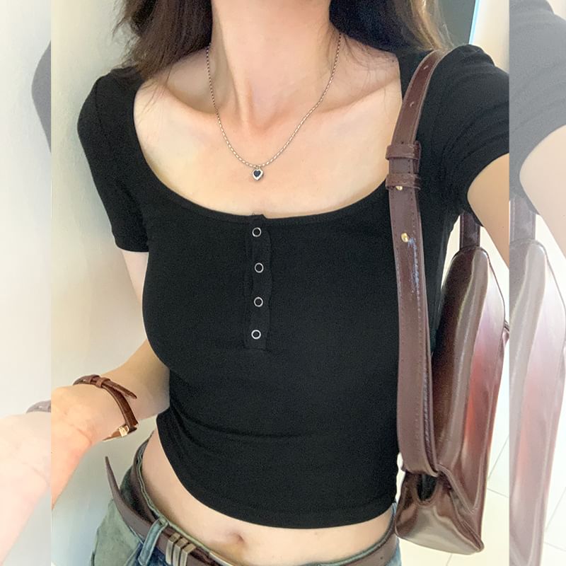Henley Neck Scoop Crop Short-Sleeve Plain Top