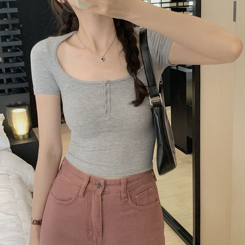 Henley Neck Scoop Crop Short-Sleeve Plain Top