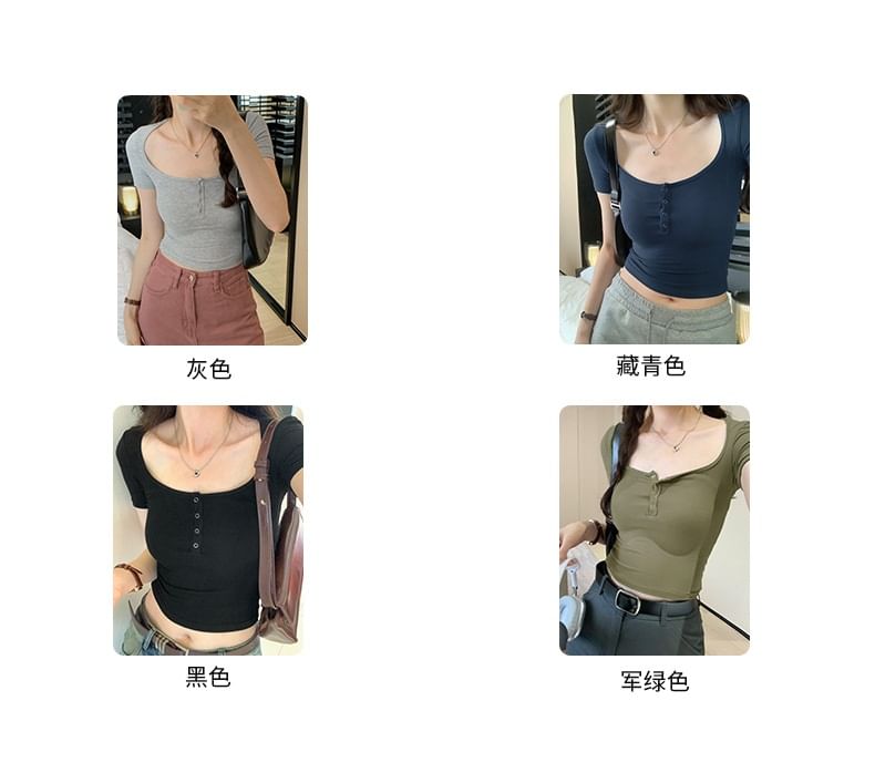 Henley Neck Scoop Crop Short-Sleeve Plain Top