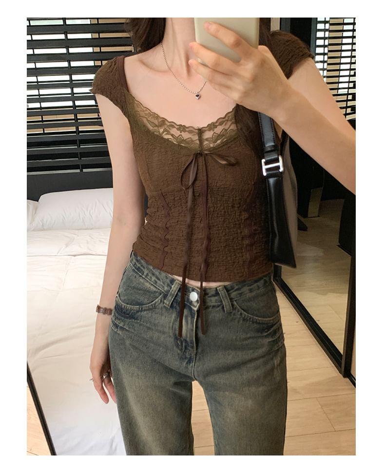 Lace Top Cap-Sleeve V-Neck Crop