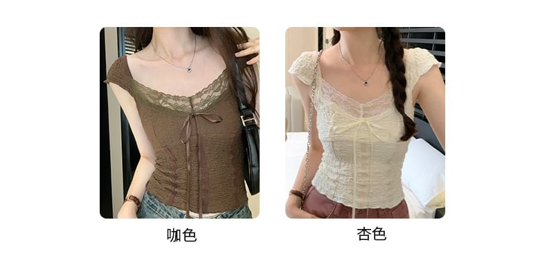 Lace Top Cap-Sleeve V-Neck Crop