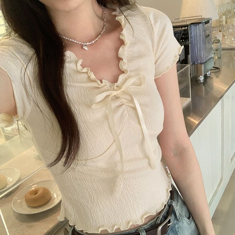 Short-Sleeve Lace V-Neck Crop Top