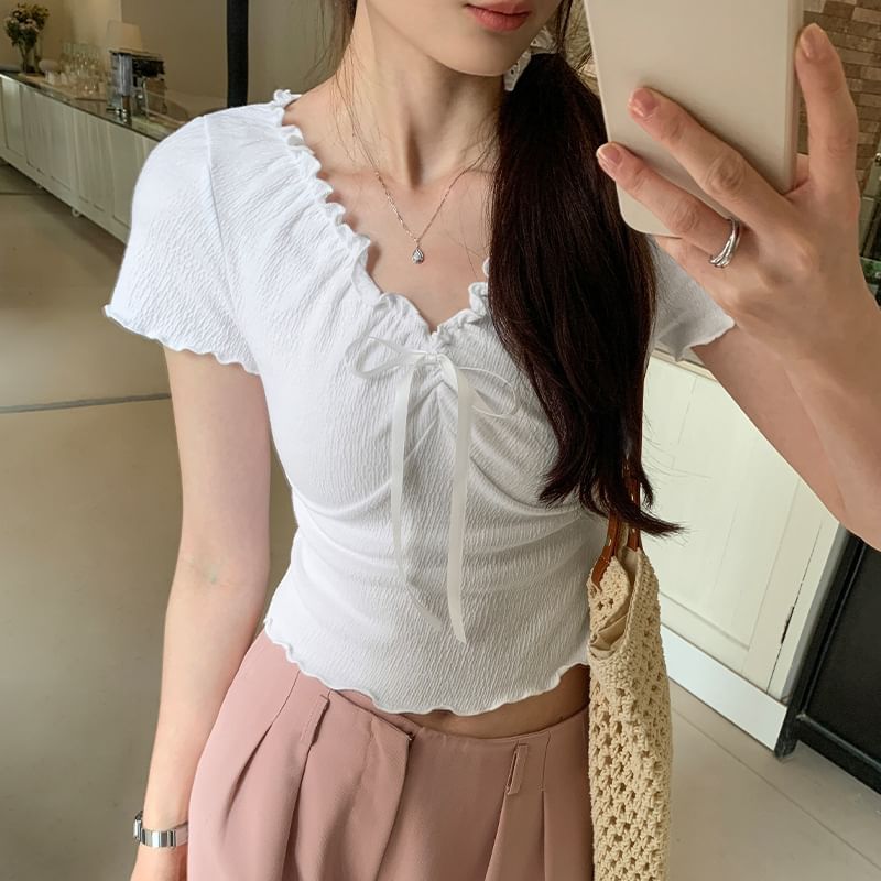 Short-Sleeve Lace V-Neck Crop Top