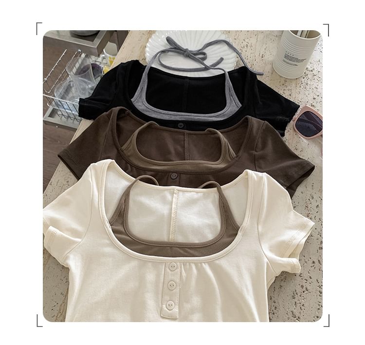 Short-Sleeve Top Tone Two-Piece Mock Two