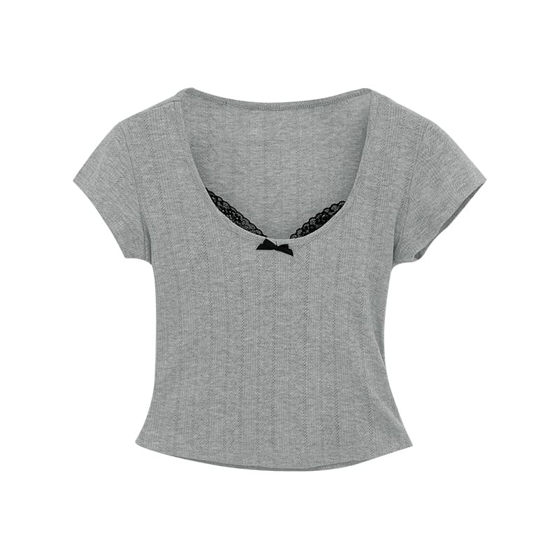 Neck Scoop Trim Top Sleeve Crop Short Lace
