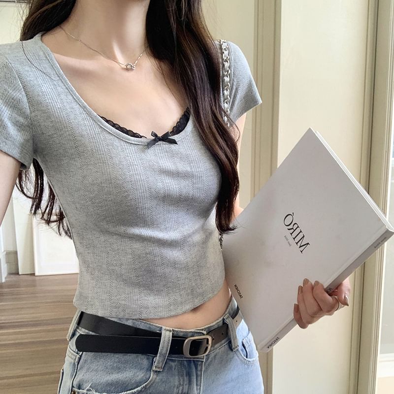 Neck Scoop Trim Top Sleeve Crop Short Lace