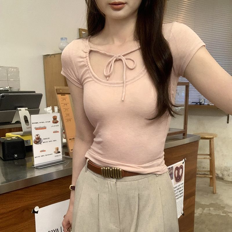 U-Neck Top Crop Short-Sleeve Plain