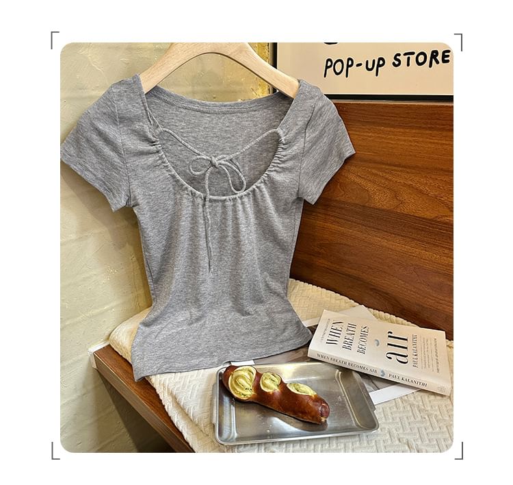 U-Neck Top Crop Short-Sleeve Plain