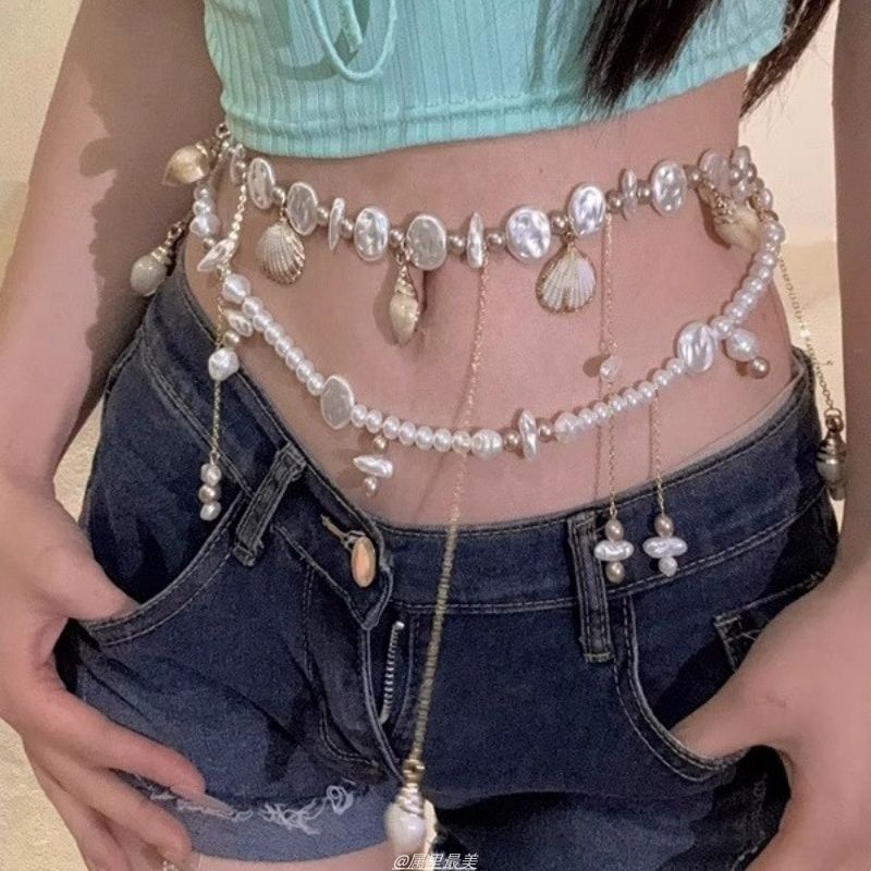 Faux Chain Alloy Waist Pearl Shell Disc