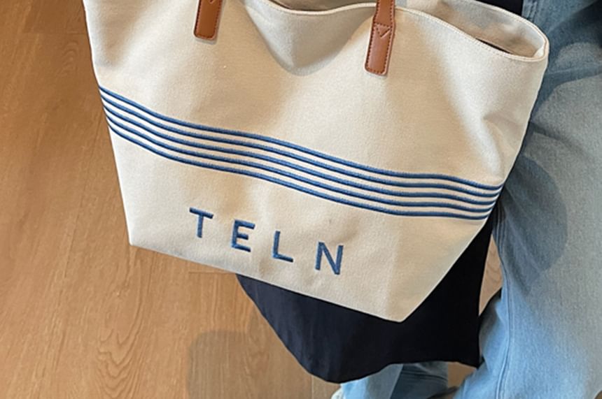 Bag Embroidered Tote Striped Lettering Canvas
