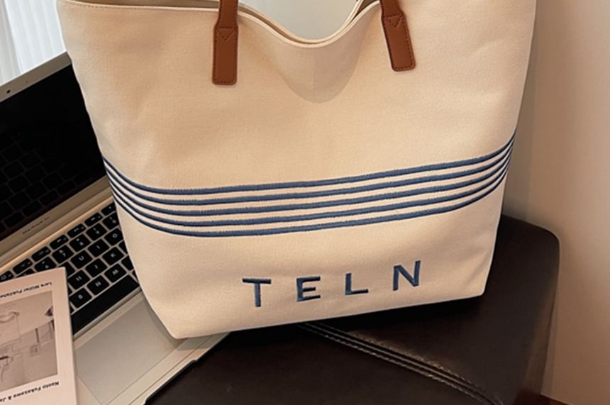 Bag Embroidered Tote Striped Lettering Canvas
